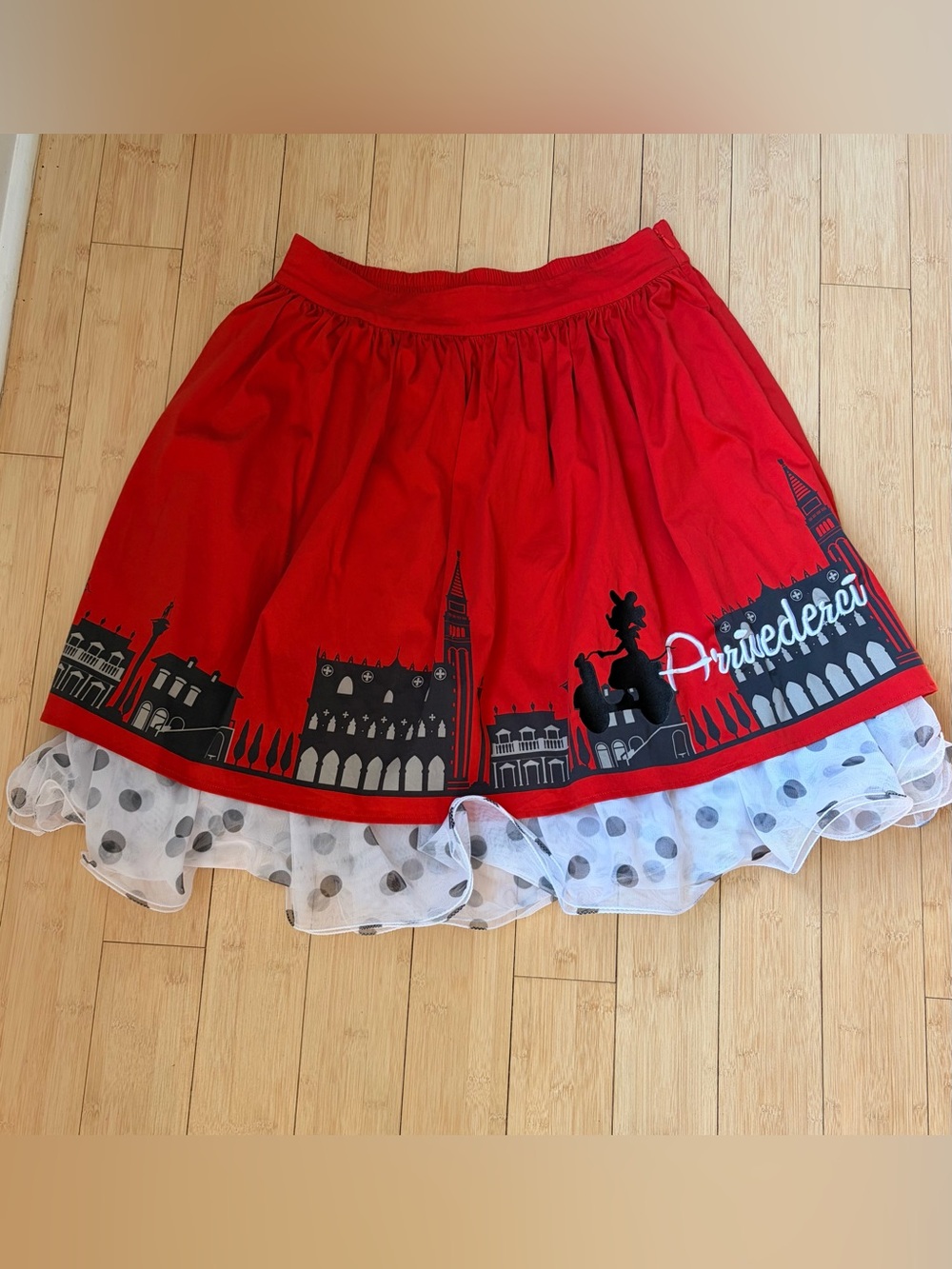 Disney Red Circle Skirt with Black Cityscape and Polka Dot Tulle